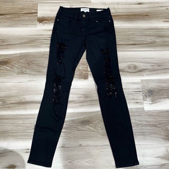 Frame Denim Le Skinny De Jeanne Black Distressed Jeans Women’s 25 - Picture 1 of 6